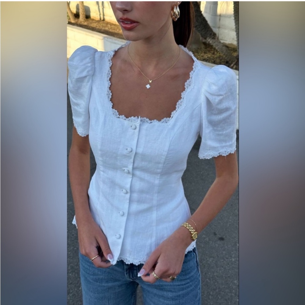 Reformation White Lace-Trimmed Button-Up Top